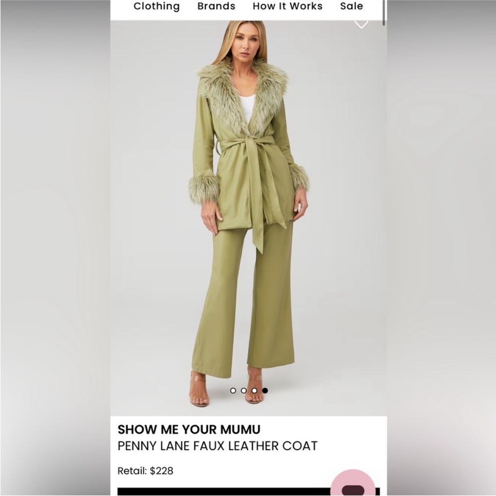Show Me Your MuMu Penny Lane Olive Green Faux Fur-Trim Tie-Waist Coat - Picture 2 of 8